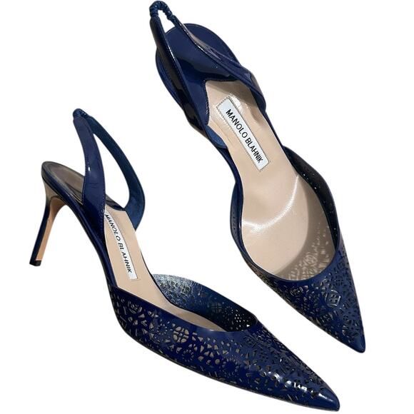 Manolo Blahnik Carolyne Navy Blue Patent Leather Pointed Toe Slingback Pump 39.5 - Picture 1 of 10